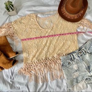 Cream lace fringe poncho top XS